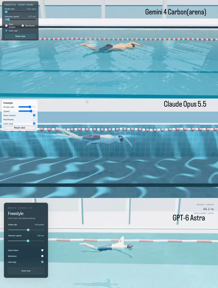 Swimmer in a pool, Carbon vs Opus vs Astra: Gemini 4 Carbon vs Claude Opus 5.5 vs GPT-6 Astra