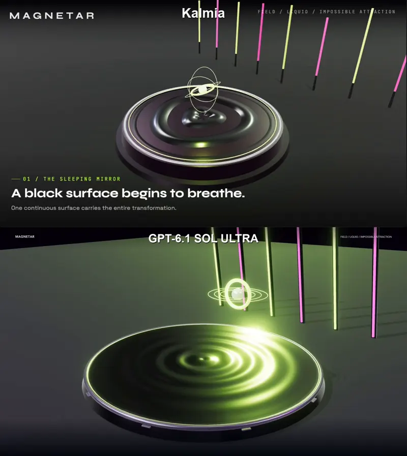 Magnetar magnetic-fluid scene, Kalmia vs GPT-6.1 Sol Ultra: Kalmia vs GPT-6.1 Sol