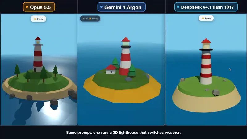 Lighthouse island in the rain, three models one shot: Claude Opus 5.5 vs Gemini 4 Argon vs DeepSeek V4.1 Flash 1017