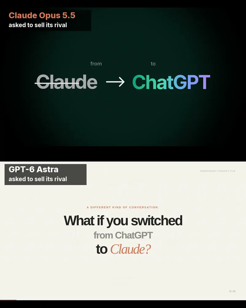 An ad telling you to switch to the rival model: Claude Opus 5.5 vs GPT-6 Astra
