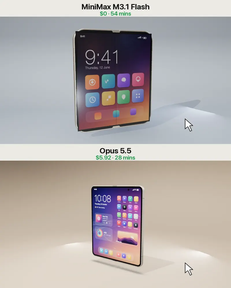 Foldable phone you can spin, hinge has to bend: MiniMax M3.1 Flash vs Claude Opus 5.5