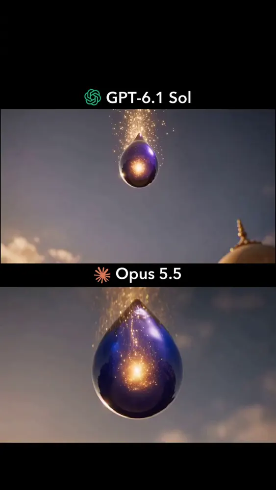 A galaxy inside a falling raindrop, Sol vs Opus: GPT-6.1 Sol vs Claude Opus 5.5