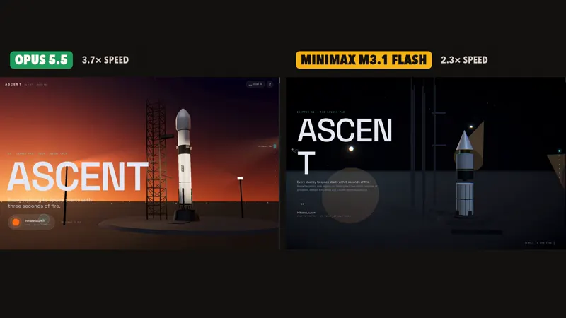 Space web app with a launch button: Claude Opus 5.5 vs MiniMax M3.1 Flash