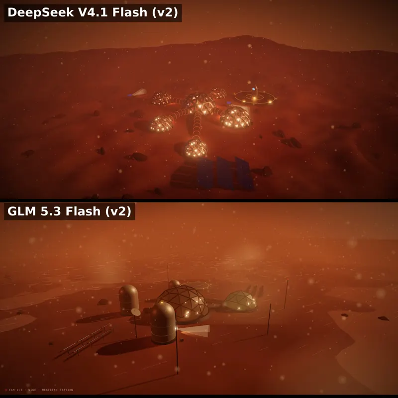 Mars colony in a dust storm, run locally: DeepSeek V4.1 Flash 1017 vs GLM 5.3 Flash