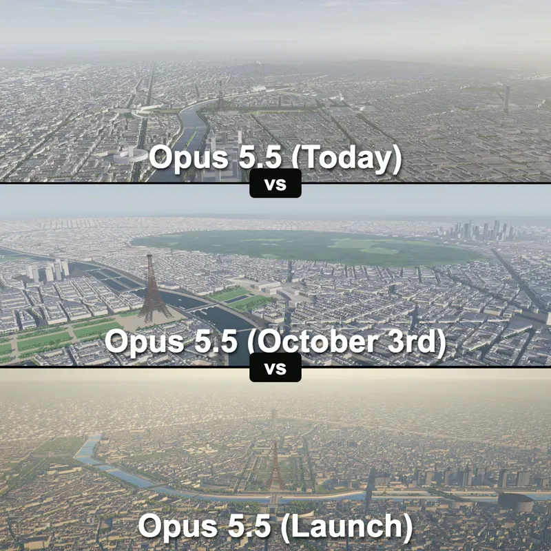 Eiffel Tower benchmark, launch vs Oct 3 vs Oct 22: Claude Opus 5.5 (at launch vs Oct 3 vs Oct 22)