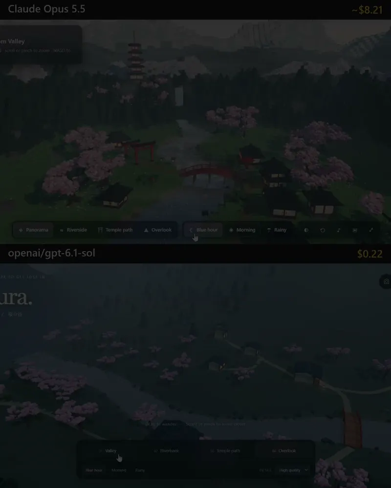 Cherry blossom valley with moods and cameras: Claude Opus 5.5 vs GPT-6.1 Sol