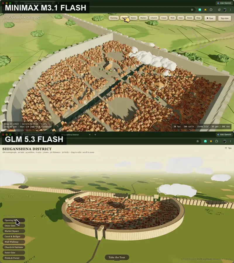 Attack on Titan walled city in Blender: MiniMax M3.1 Flash vs GLM 5.3 Flash