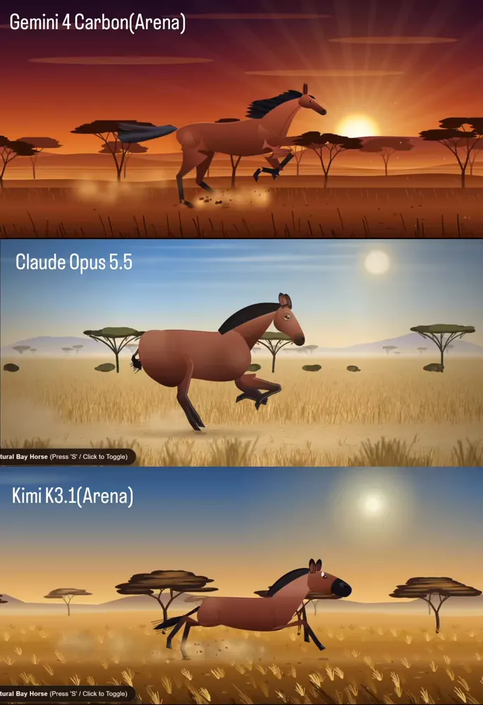 Galloping horse on a savanna, three models: Gemini 4 Carbon vs Claude Opus 5.5 vs Kibitz
