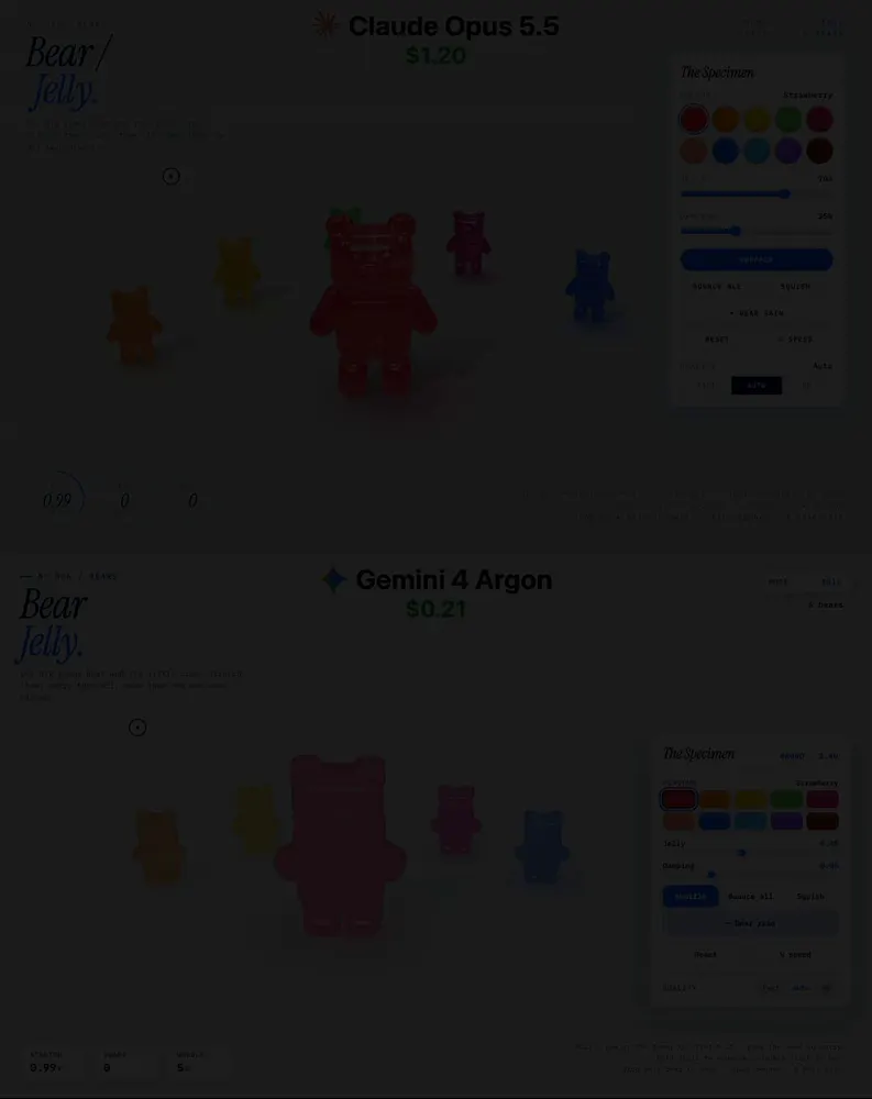 Jelly bear you can grab, plus bear rain: Claude Opus 5.5 vs Gemini 4 Argon