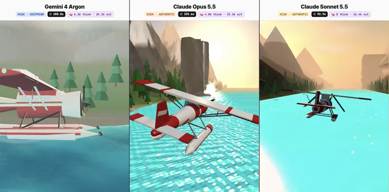 3D seaplane, Argon vs Opus vs Sonnet: Gemini 4 Argon vs Claude Opus 5.5 vs Claude Sonnet 5.5