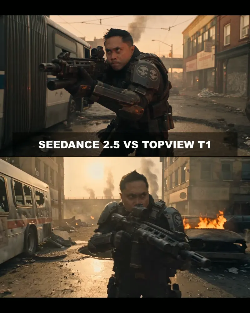 Seedance 2.5 vs Topview T1, city combat scene: Seedance 2.5 vs Topview T1