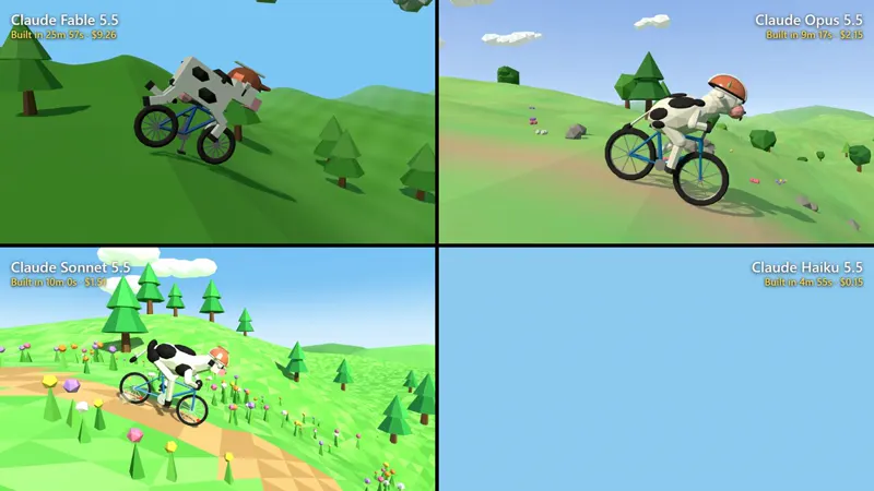 Cow riding a bike in 3D, four Claude 5.5 models: Claude Haiku 5.5 vs Claude Sonnet 5.5 vs Claude Opus 5.5 vs Claude Fable 5.5