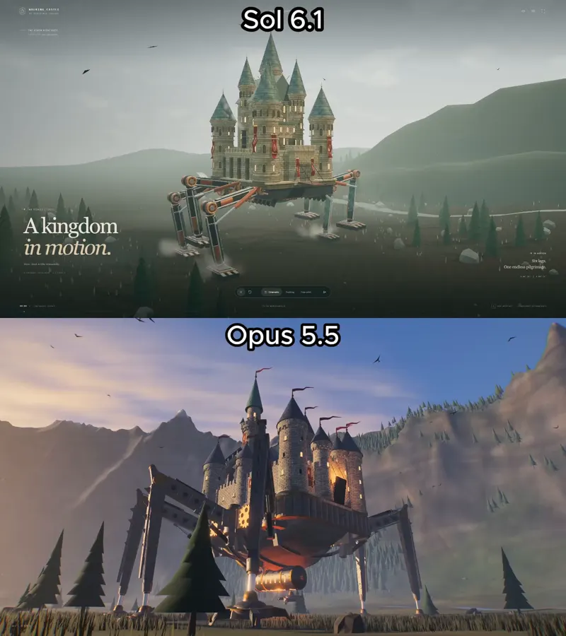 Walking castle in 3D, Opus vs Sol: Claude Opus 5.5 vs GPT-6.1 Sol