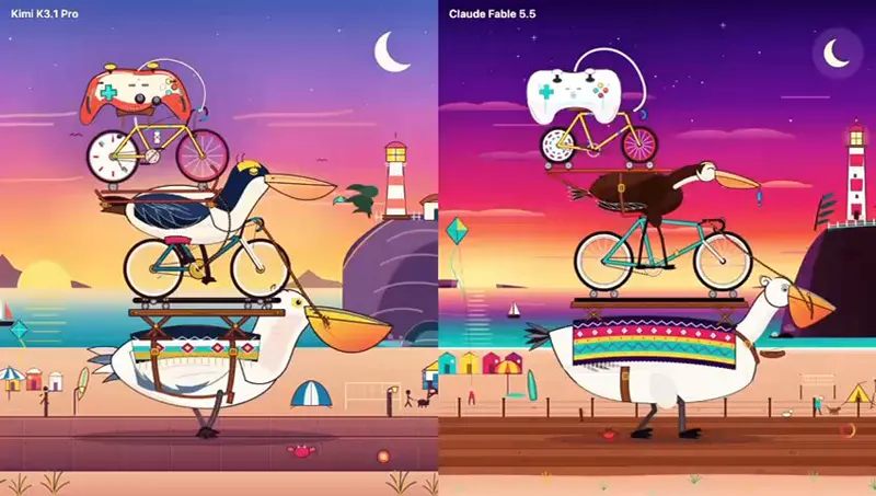 Recursive pelican scene, Kimi K3.1 Pro vs Claude Fable 5.5: Kimi K3.1 Pro vs Claude Fable 5.5