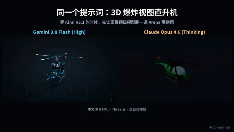 Exploding helicopter blueprint, 3.8 Flash vs Opus 4.6: Gemini 3.8 Flash vs Claude Opus 4.6