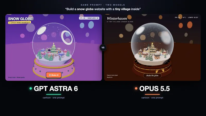Snow globe website with a tiny village: GPT-6 Astra vs Claude Opus 5.5