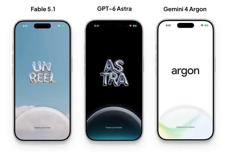 iOS liquid-glass welcome screen, three models: Gemini 4 Argon vs GPT-6 Astra vs Claude Fable 5.1