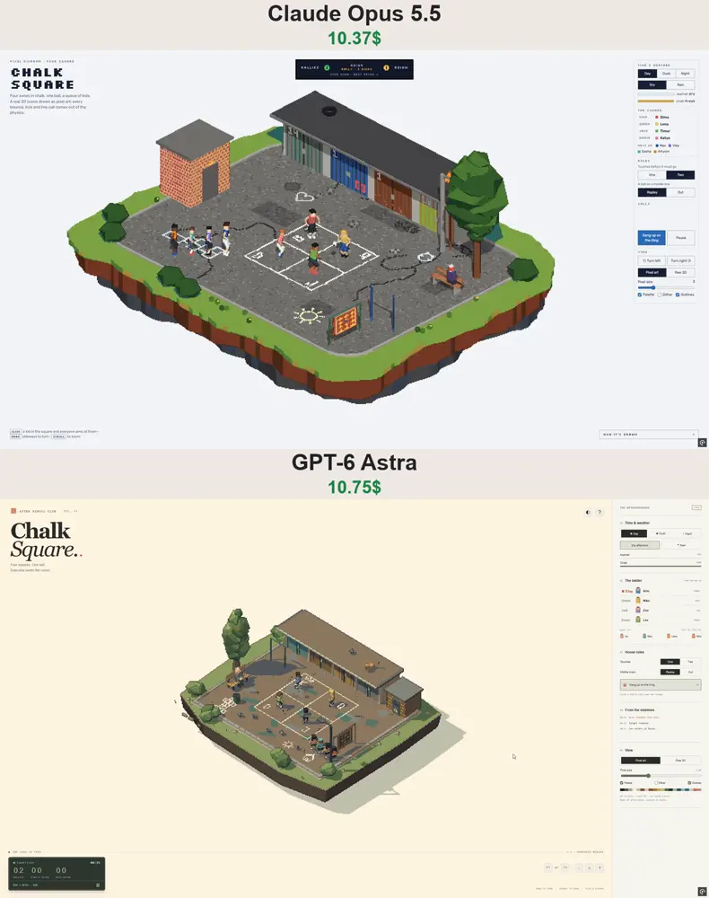Pixel-art backyard four square with ball physics: Claude Opus 5.5 vs GPT-6 Astra