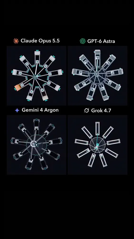 Radial engine, four models: Claude Opus 5.5 vs GPT-6 Astra vs Gemini 4 Argon vs Grok 4.7