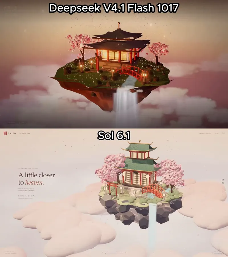 Floating Japanese temple in Three.js: DeepSeek V4.1 Flash 1017 vs GPT-6.1 Sol