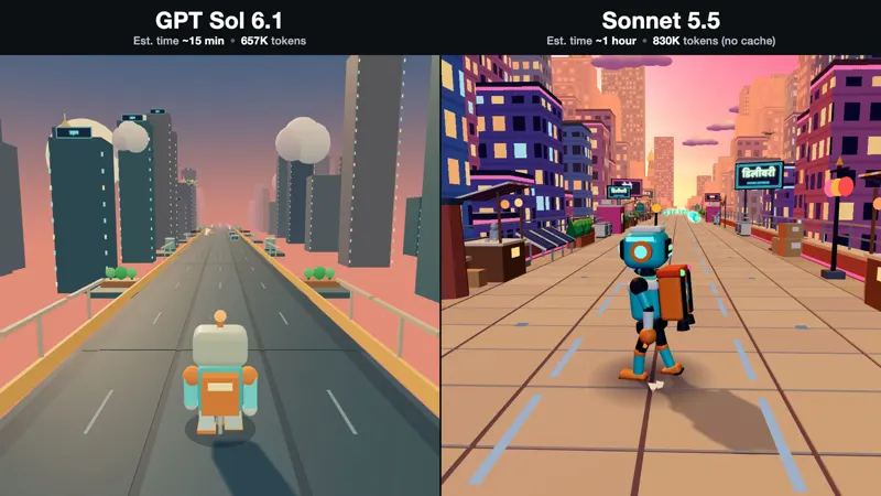 Subway Surfers clone in raw Three.js: GPT-6.1 Sol vs Claude Sonnet 5.5