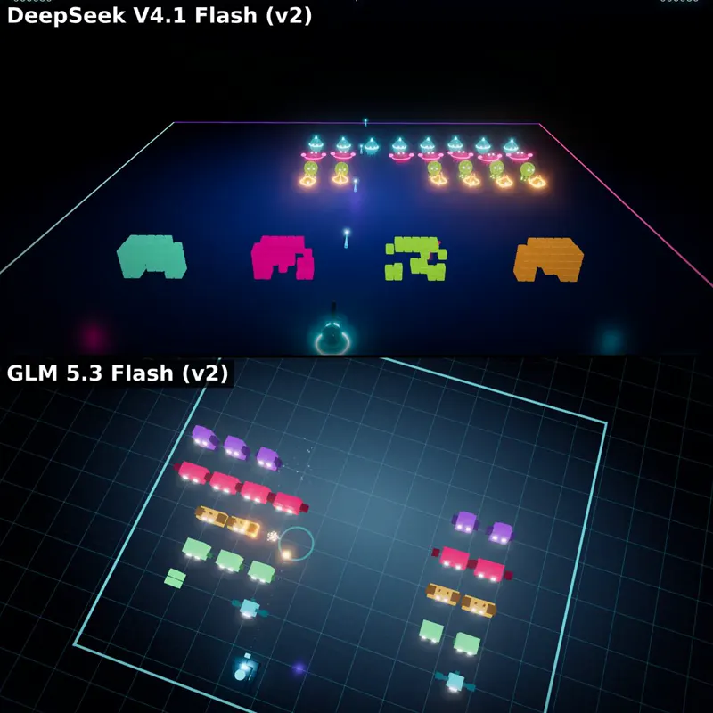 Neon Invaders, a local nightly build-off: DeepSeek V4.1 Flash 1017 vs GLM 5.3 Flash