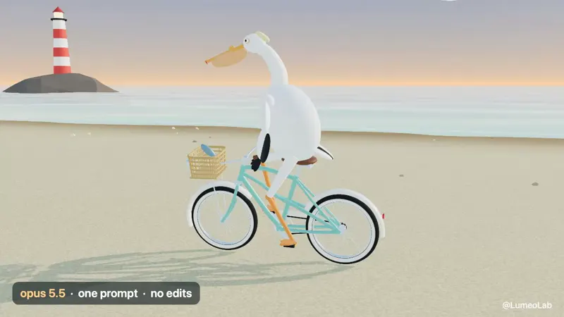 3D pelican on a bike, a quoted build answered: Claude Opus 5.5 vs Gemini 4 Carbon