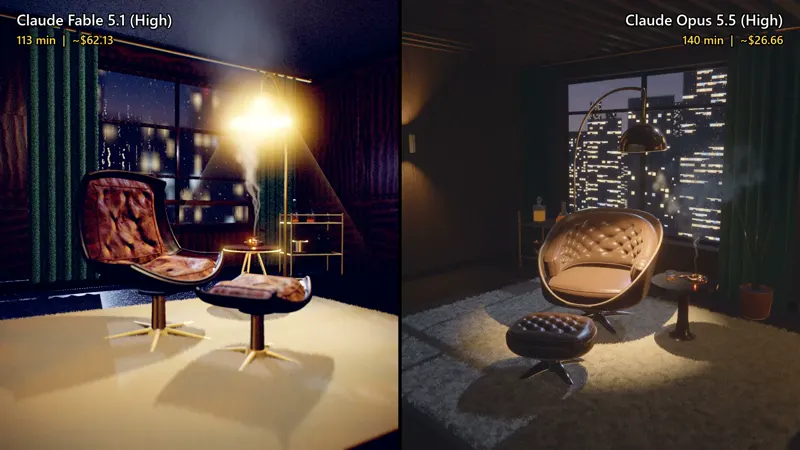 Cozy 1970s lounge in real-time Three.js: Claude Opus 5.5 vs Claude Fable 5.1