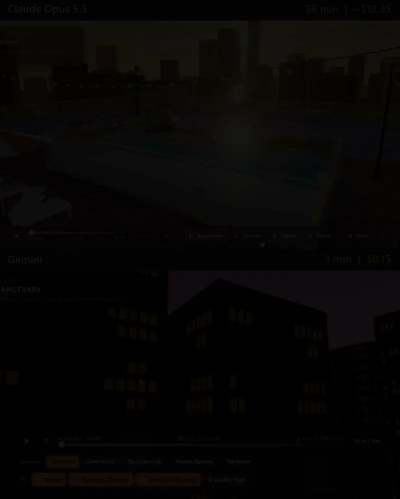 Rooftop pool scene with a control panel: Claude Opus 5.5 vs Gemini 4 Argon