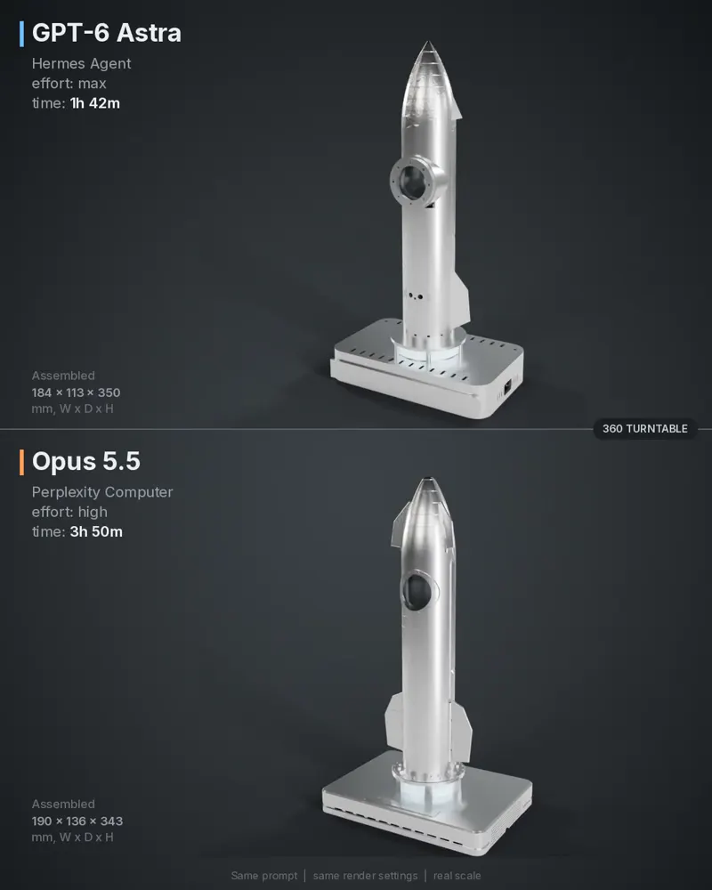 Starship STL models, rendered: GPT-6 Astra vs Claude Opus 5.5
