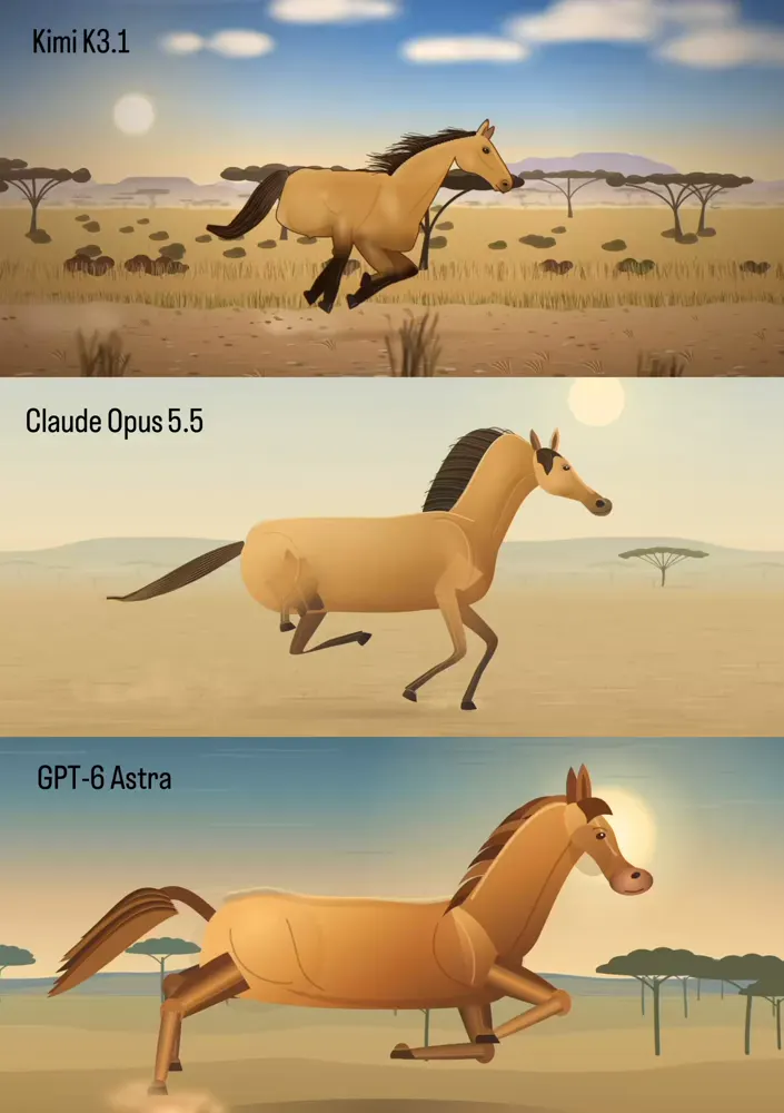 Single-file Three.js test, three frontier models: Kimi K3.1 Pro vs Claude Opus 5.5 vs GPT-6 Astra