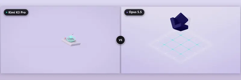 Purple-palette motion piece, left vs right: Kimi K3.1 Pro vs Claude Opus 5.5
