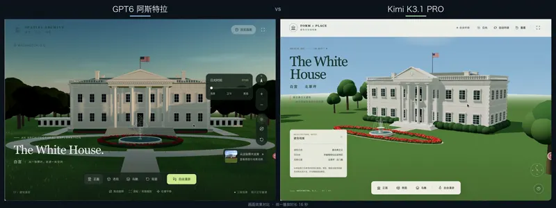 White House 3D website from the same images: Kimi K3.1 Pro vs GPT-6 Astra
