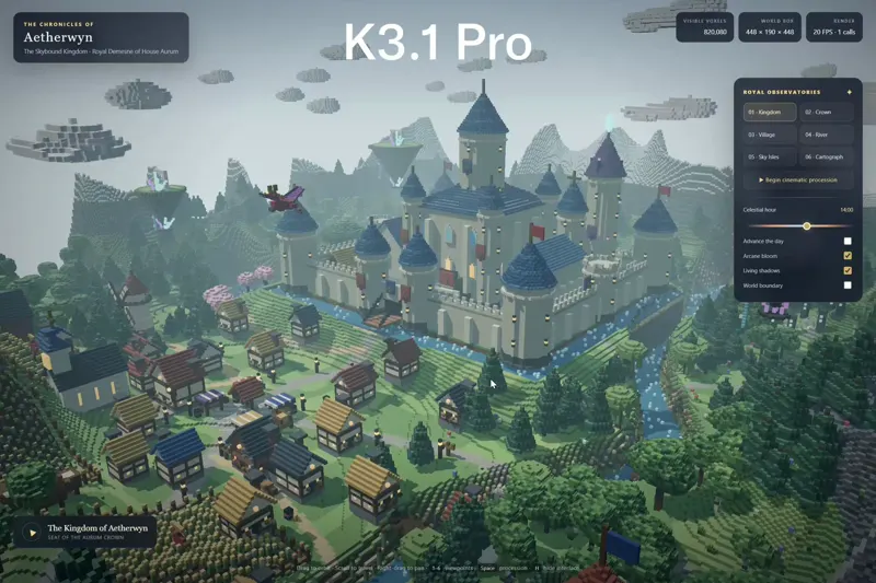 Voxel kingdom world, Kimi K3.1 Pro vs Gemini 4 Carbon: Kimi K3.1 Pro vs Gemini 4 Carbon