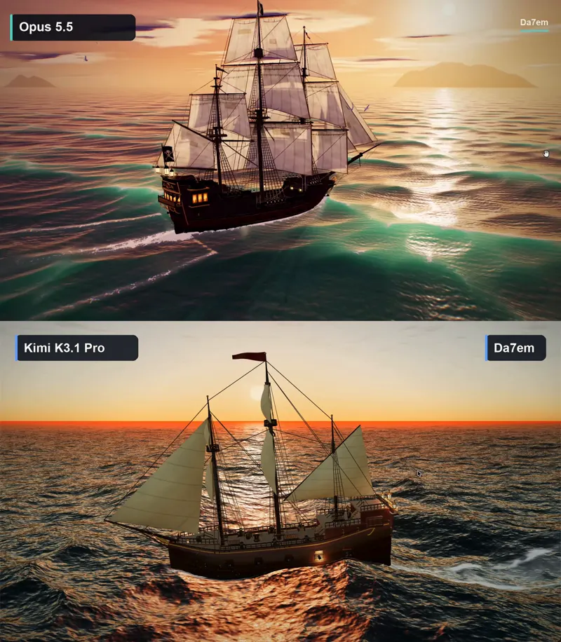 Sailing ship at sunset: Kimi K3.1 Pro vs Claude Opus 5.5: Claude Opus 5.5 vs Kimi K3.1 Pro