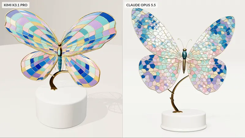 Interactive 3D stained-glass butterfly: Kimi K3.1 Pro vs Claude Opus 5.5