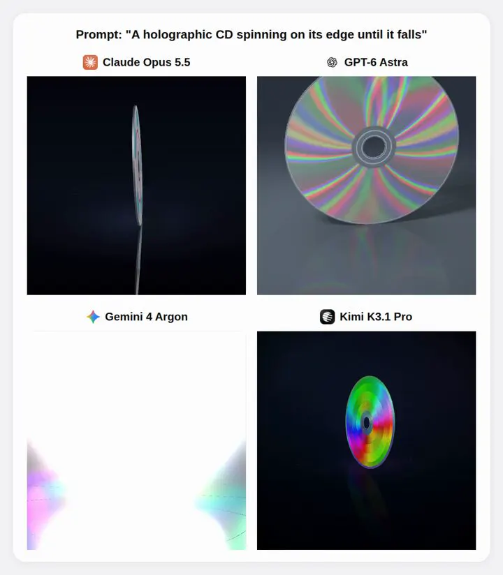 Holographic CD spinning on its edge until it falls: Kimi K3.1 Pro vs GPT-6 Astra vs Claude Opus 5.5 vs Gemini 4 Argon