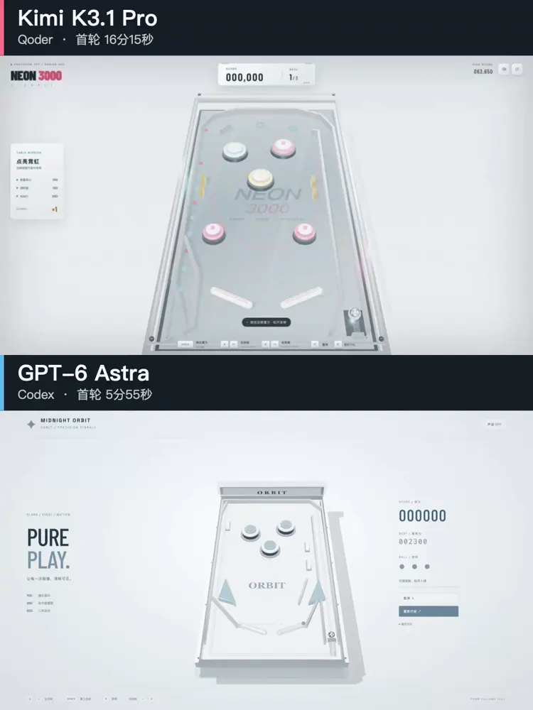3D pinball machine, first round: Kimi K3.1 Pro vs GPT-6 Astra