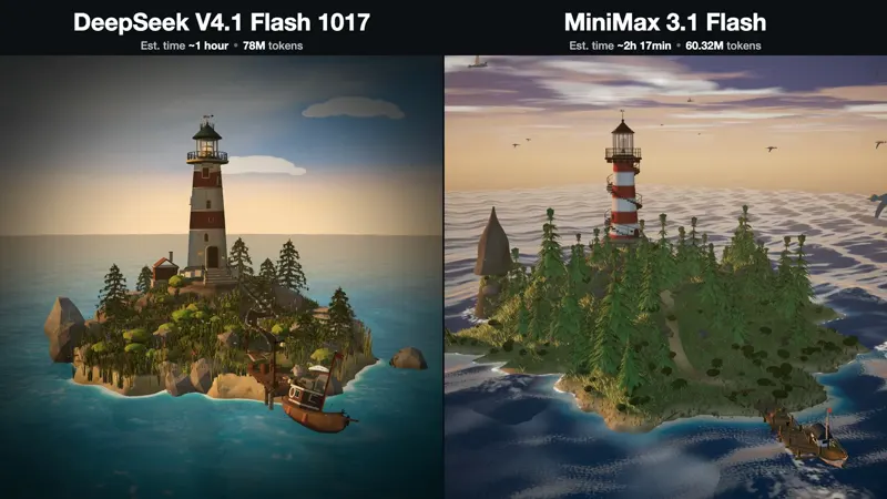 Procedural coastal diorama, two Flash models: DeepSeek V4.1 Flash 1017 vs MiniMax M3.1 Flash