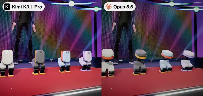Microducks scene, high effort: Kimi K3.1 Pro vs Claude Opus 5.5