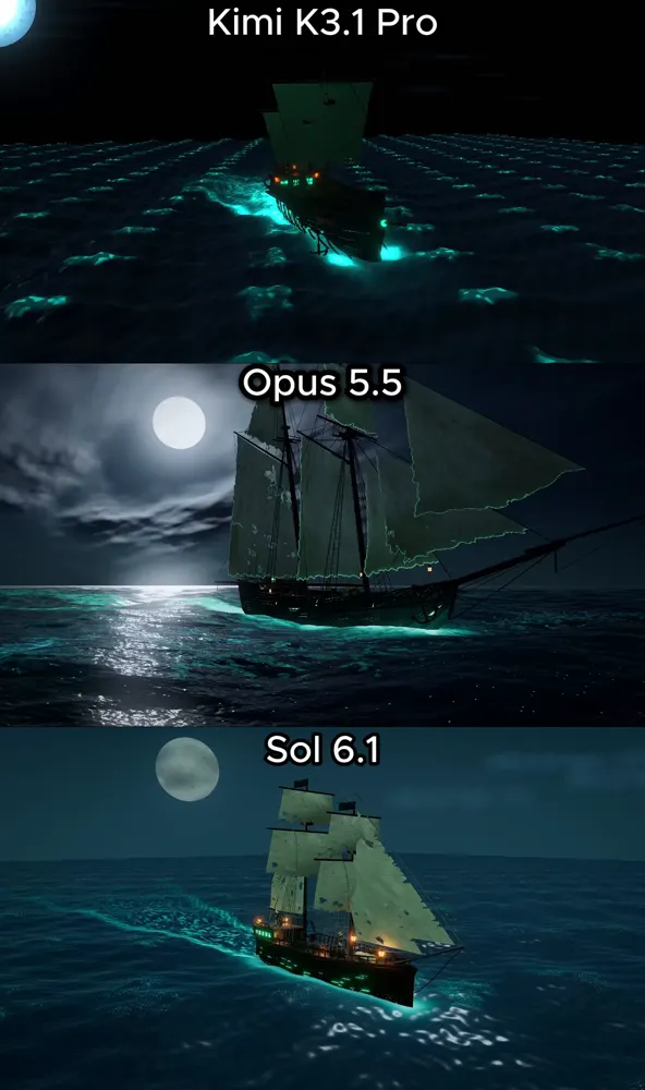 Haunted ship, one try each: Kimi K3.1 Pro vs Claude Opus 5.5 vs GPT-6.1 Sol