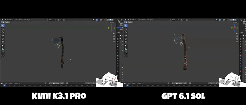 Blender scene recreation from references: Kimi K3.1 Pro vs GPT-6.1 Sol
