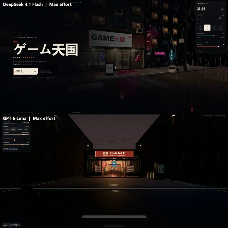 Decorated neon store, one shot: DeepSeek V4.1 Flash 1017 vs GPT-6 Luna