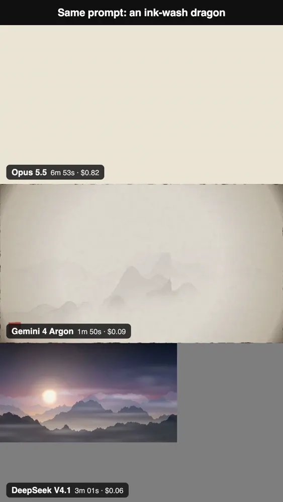 Ink-wash dragon over misty mountains: Claude Opus 5.5 vs Gemini 4 Argon vs DeepSeek V4.1