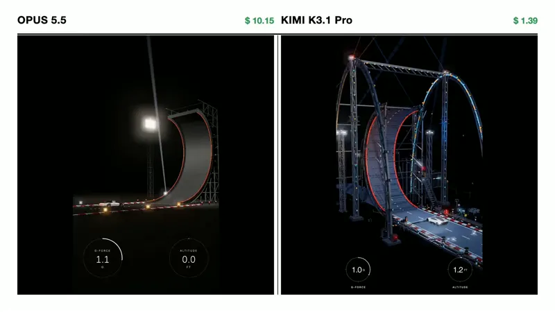 Roadster animation, same steps: Kimi K3.1 Pro vs Claude Opus 5.5
