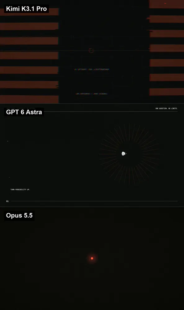 Personal site cover, same harness: Kimi K3.1 Pro vs GPT-6 Astra vs Claude Opus 5.5