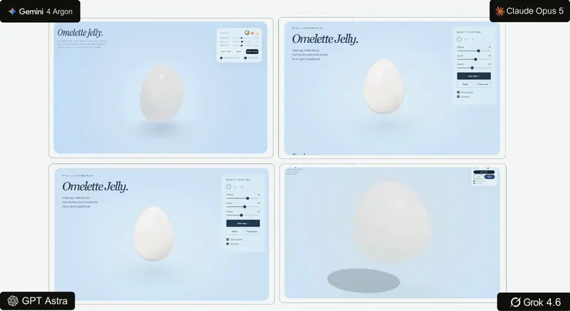 One-shot egg scene, four models: Gemini 4 Argon vs Claude Opus 5.5 vs GPT-6 Astra vs Grok 4.6