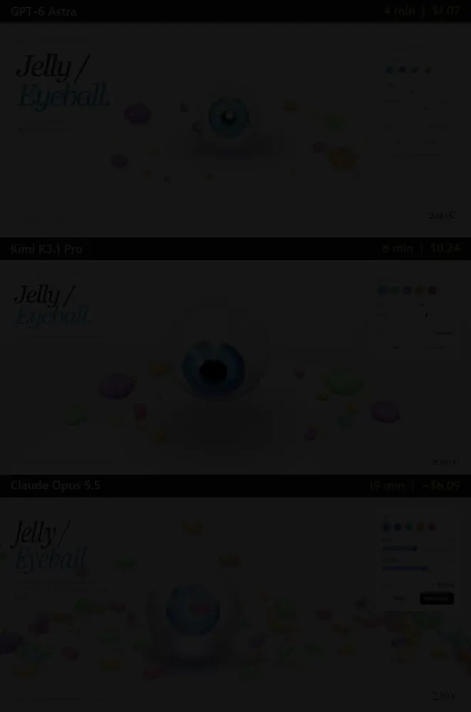 Soft-body gummy eyeball in Three.js: GPT-6 Astra vs Kimi K3.1 Pro vs Claude Opus 5.5