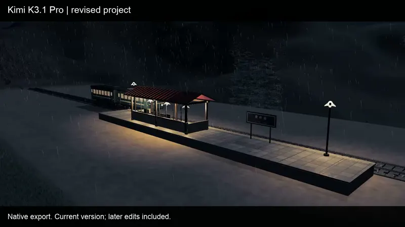 Rainy train station in 3D: Kimi K3.1 Pro vs GPT-6 Astra