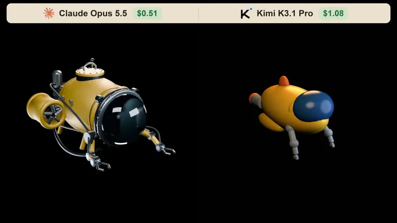 3D bathyscaphe with skills disabled: Claude Opus 5.5 vs Kimi K3.1 Pro